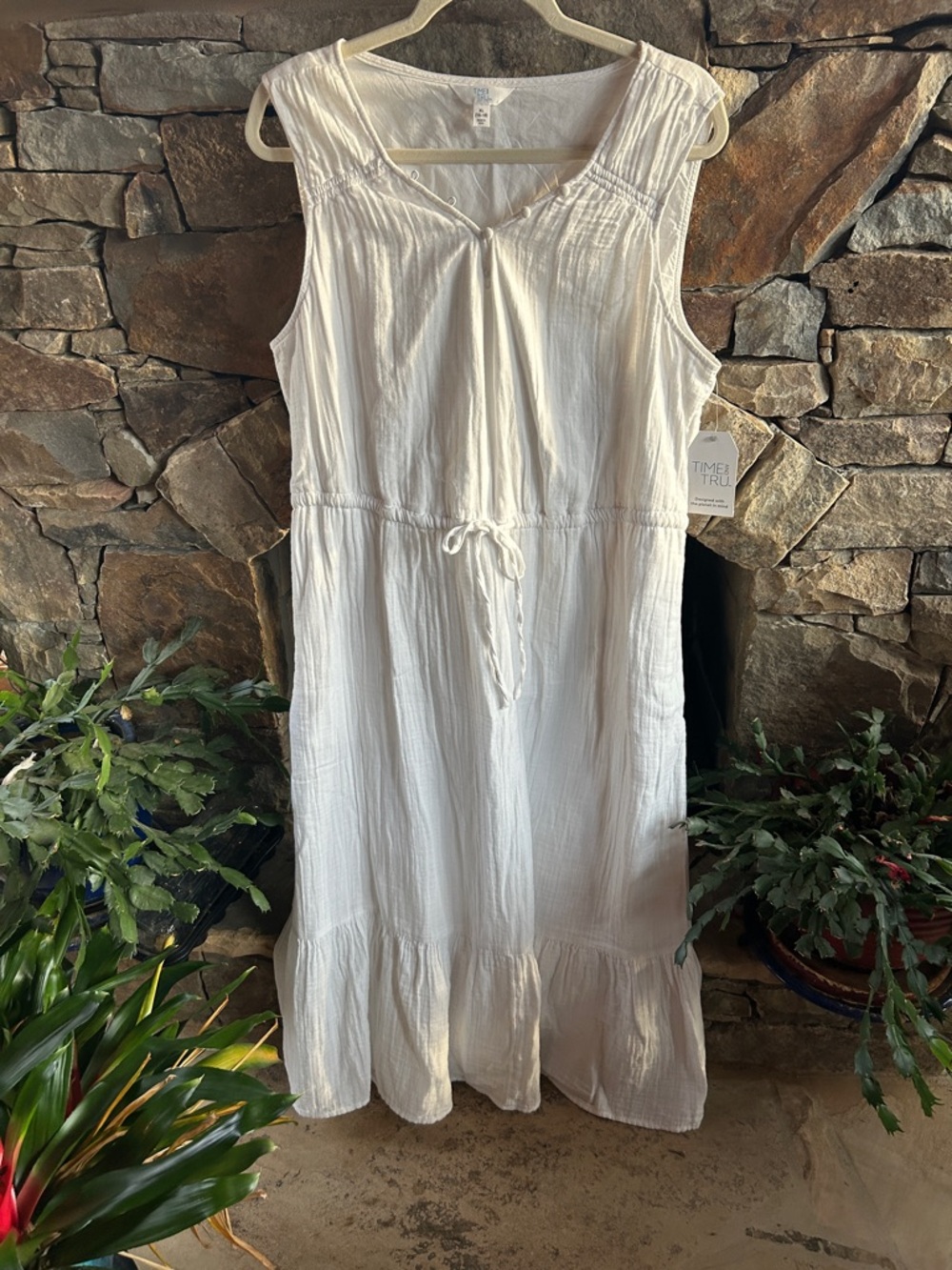 White Sleeveless Cotton Fully Lined Maxi SunDress; Gathered Waist; New With Tags